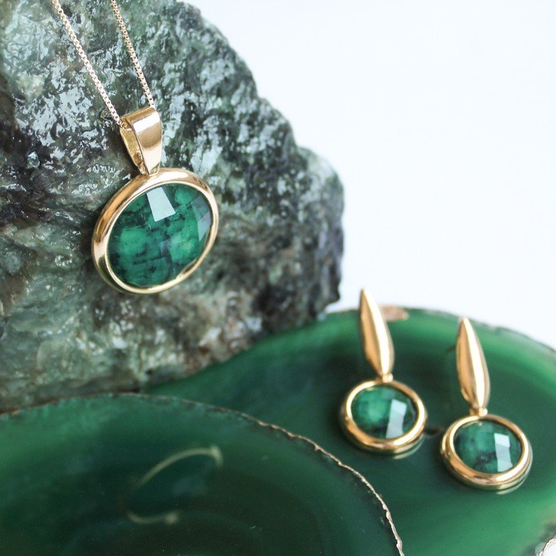 Earrings and Necklace Set with Emerald Natural Stone