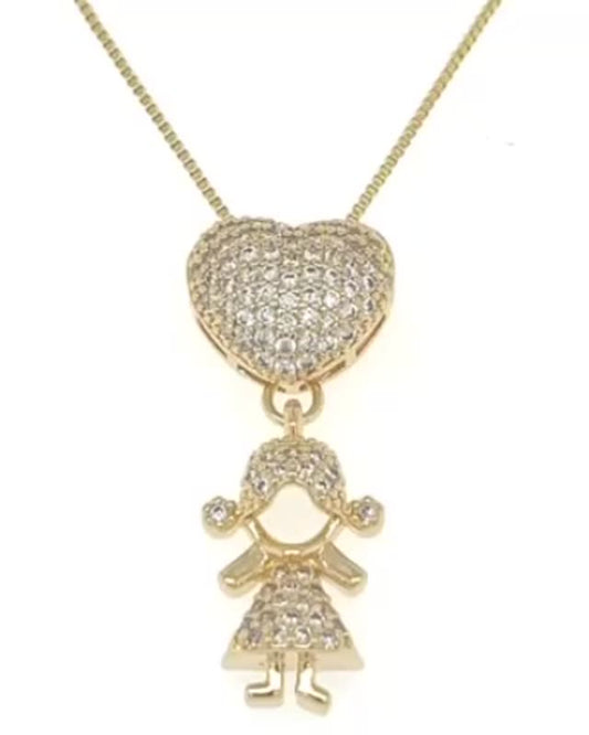 Gold Pendant Necklace Girl Heart Zirconia.