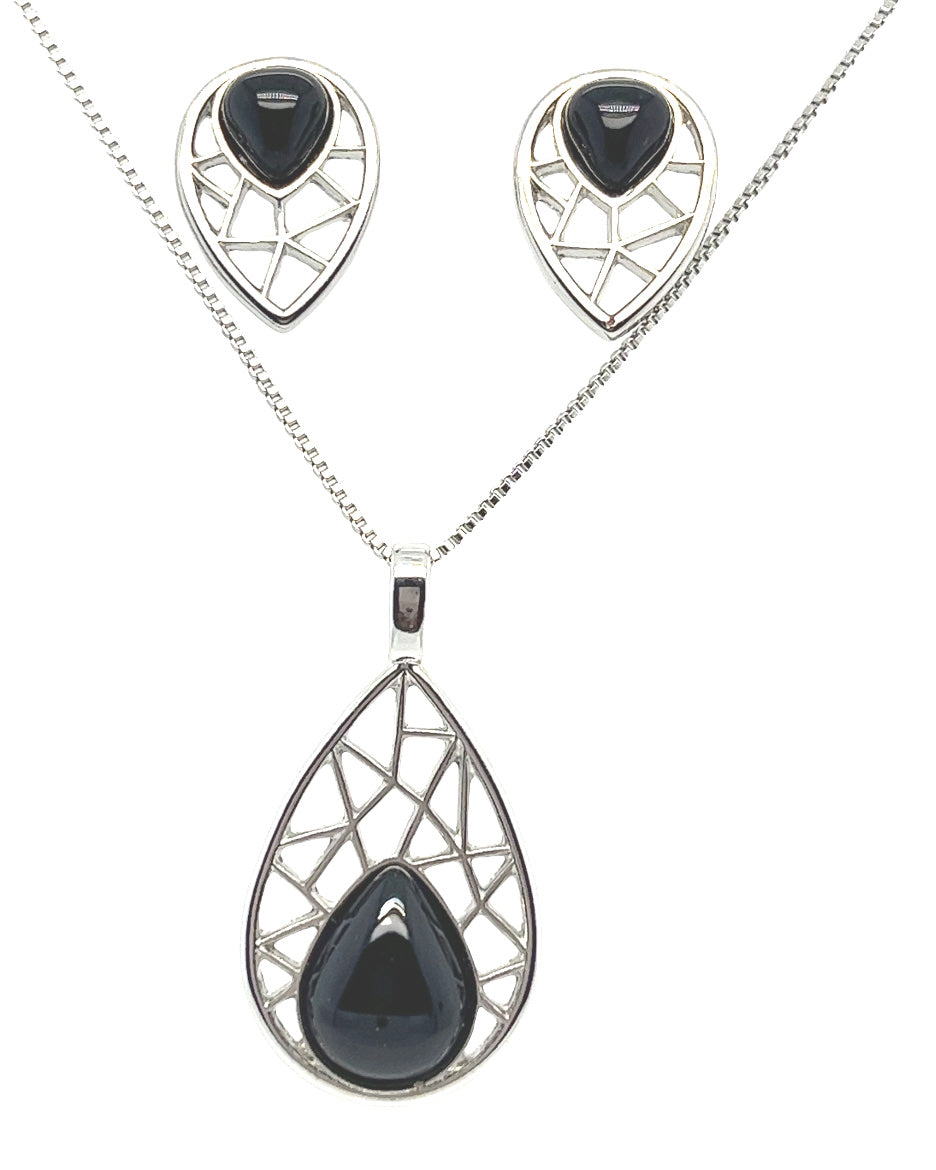 Earring and Pendant with black agate cabochon stone