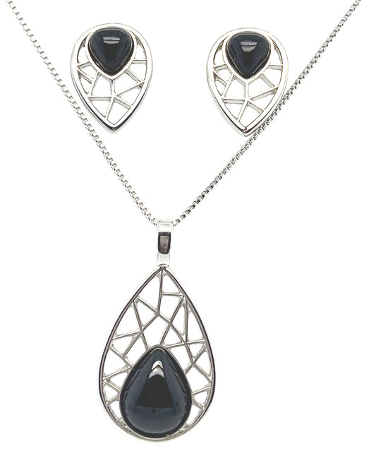 Earring and Pendant with black agate cabochon stone