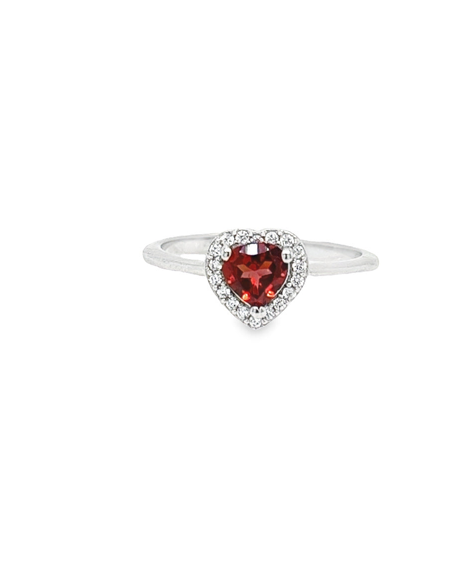 Silver Ring with Zirconia and a Heart Shape Garnet Stone