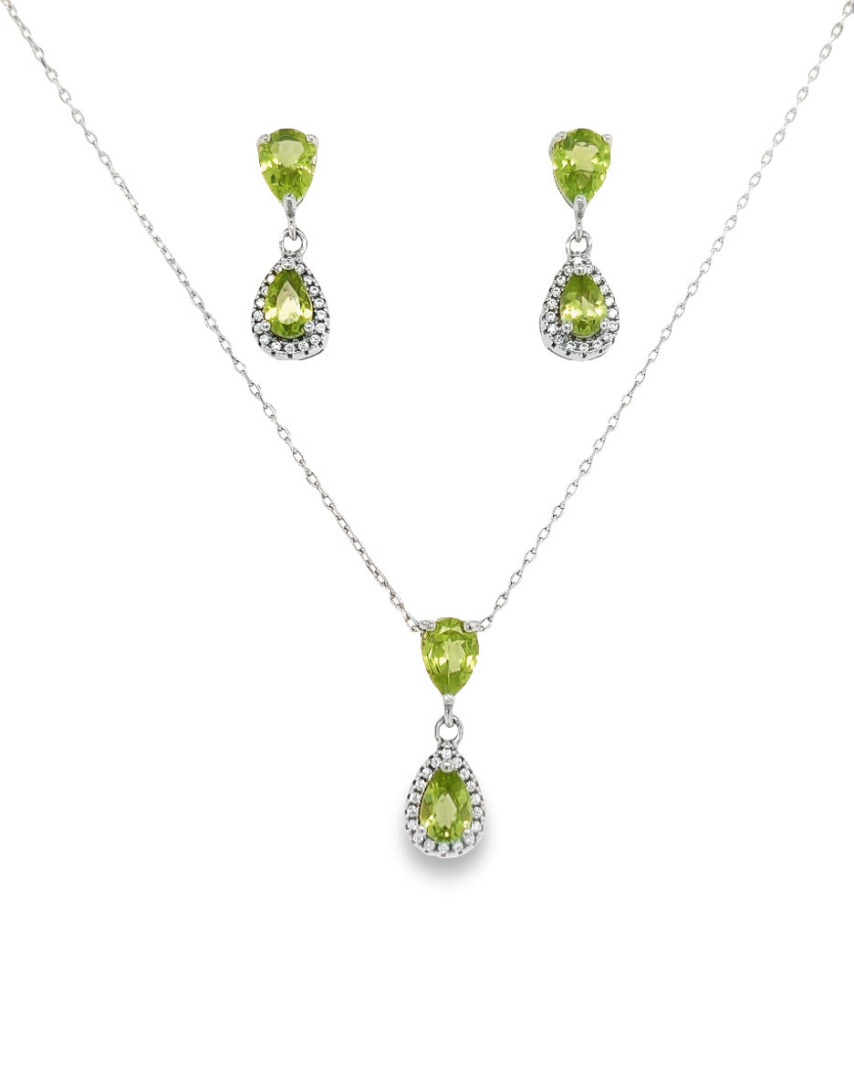 Earrings and Necklace Set Silver 925 with Peridot Stone and Zirconias