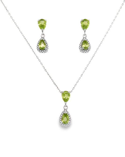 Earrings and Necklace Set Silver 925 with Peridot Stone and Zirconias