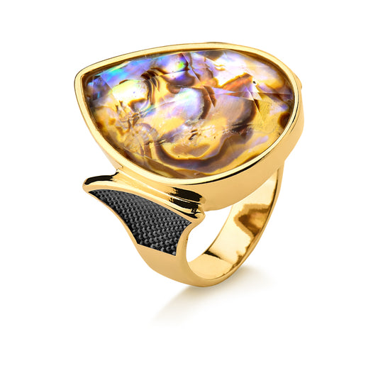 Gold Plated Ring with Shell Stone Superimposed by a faceted Crystal