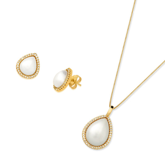 219.Gold Plated Pearl Necklace and Earrings Set with Zirconia