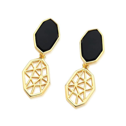 18K Gold Plated Earrings with black agate natural stone.