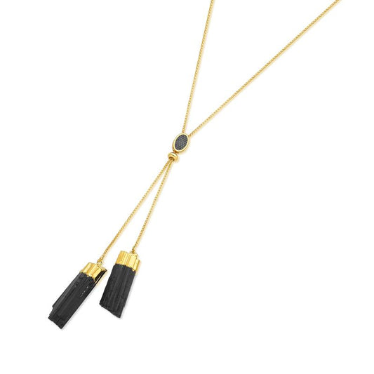 18K Gold Plated Pendant with two natural stones of raw black tourmaline.